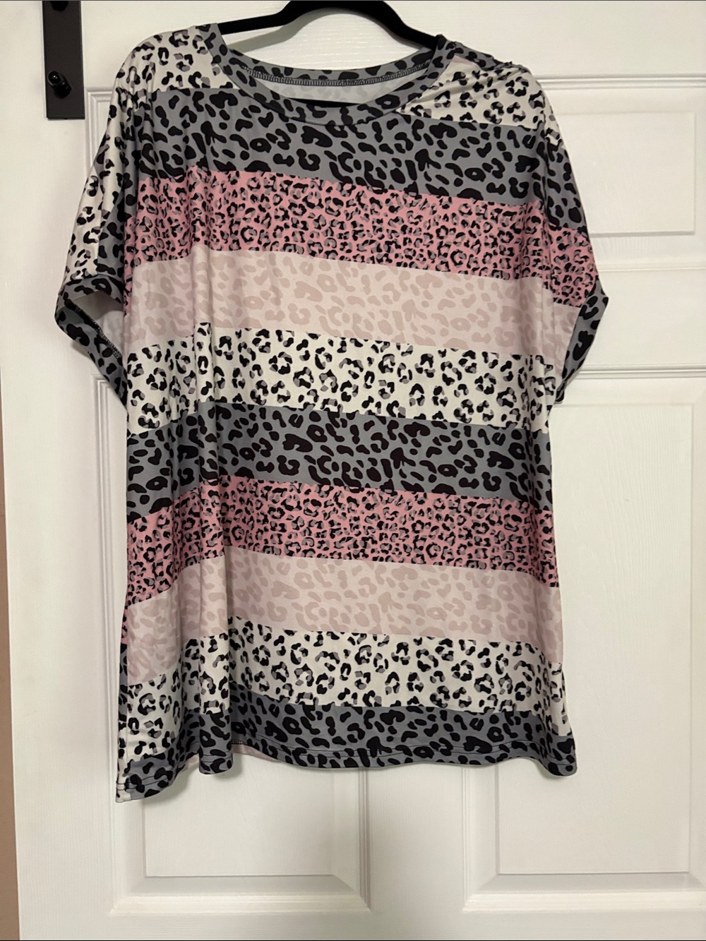 SHEIN Pink and Gray Leopard Stripe Short Sleeve Tee
